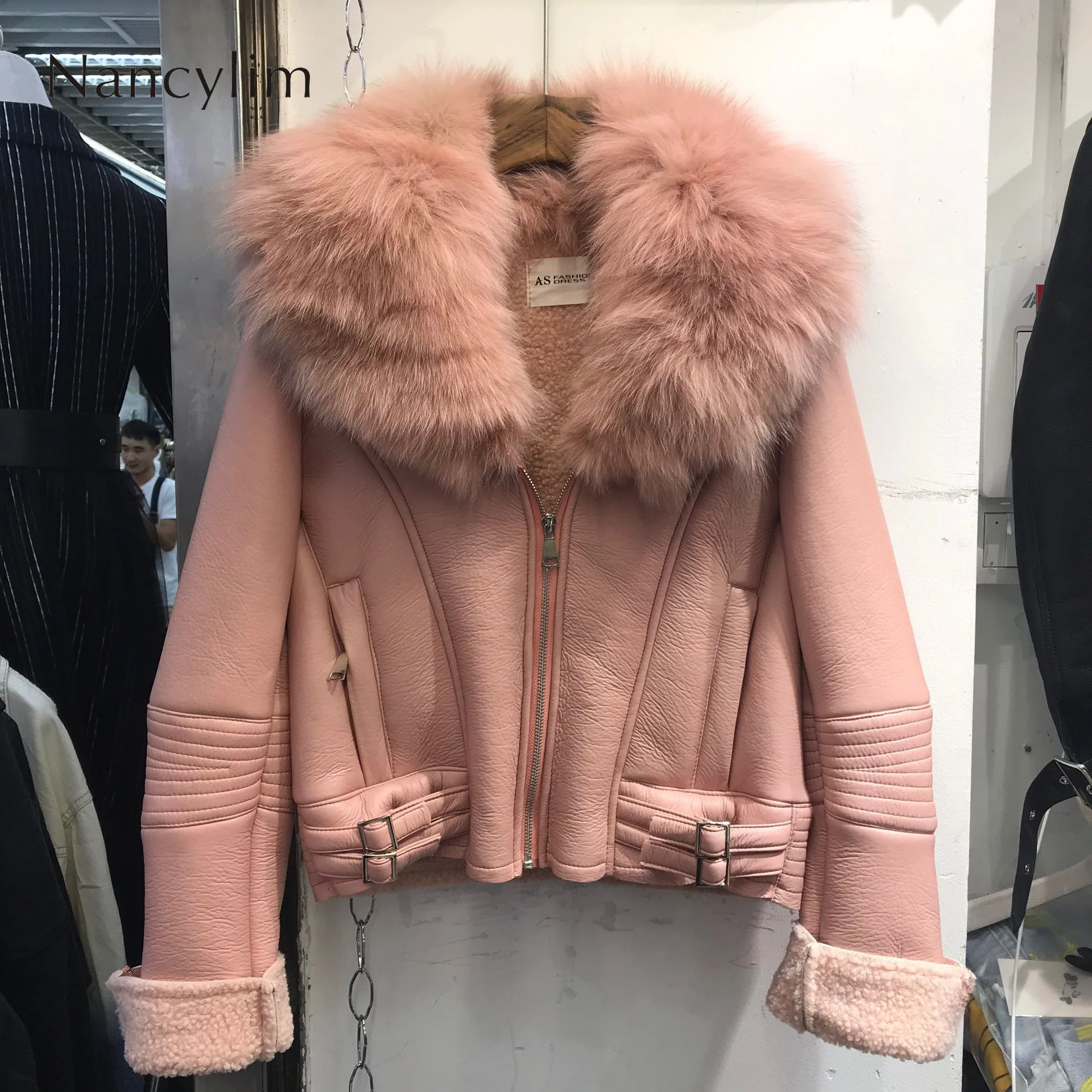 

Real Fox Fur Collar Leather Jacket Women New Korean Style Natural Fur Coat Lady Short Imitation Lamb Fur Liner Coat Pu Leather