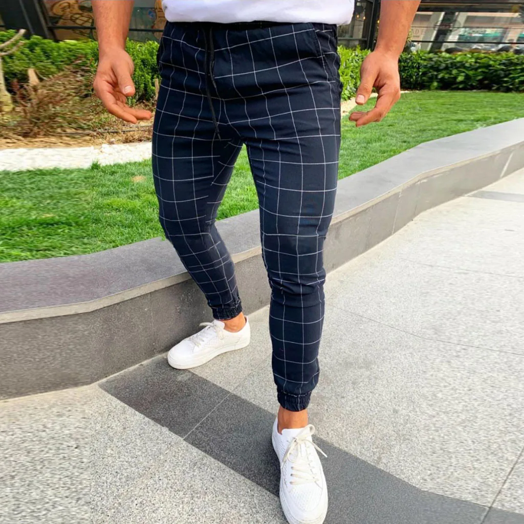 Feitong модные мужские Штаны для бега мужские повседневные клетчатые с принтом Эластичный шнурок на талии длинные брюки - Цвет: NAVY