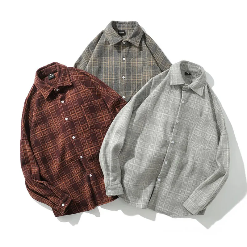 Men Shirt Thick 2021 New Arrival Spring And Autumn Trend Fashion Loose Lattice Stripe Male Shirt Korean Style S127