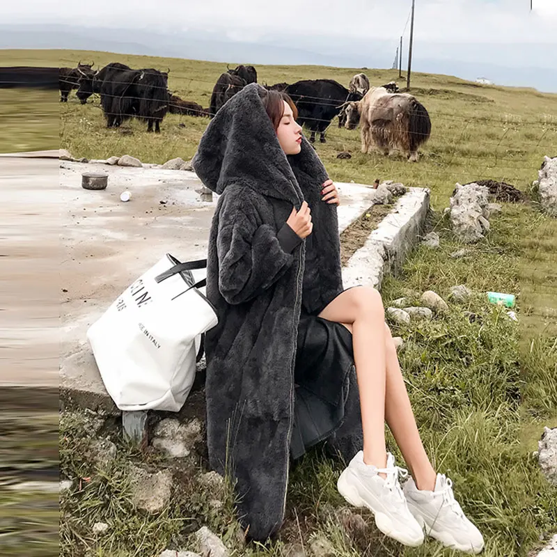 Зимняя новая плюшевая куртка Женская Плюс Размер длинная куртка плюс бархатная Толстая корейская мода с капюшоном свободная теплая шуба женская 562