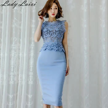 

2020 New Women's 2 Pieces Suits Solid Color O-neck sleeveless hollow out Lace Top +Sheath Bodycon Pencil Skirt Office Set Summer