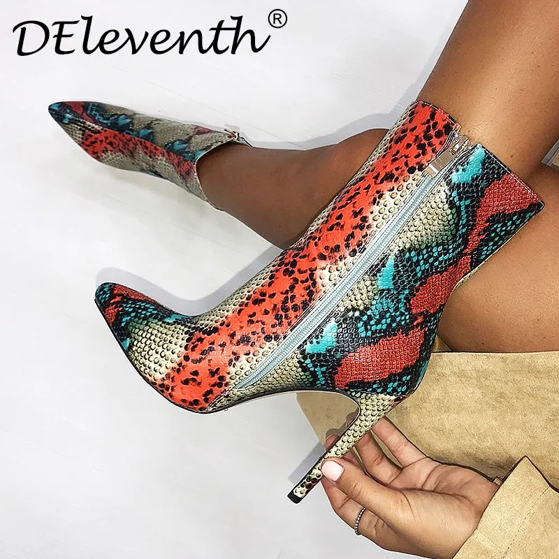 

DEleventh Brand Snakeskin Pointed Toe Carda Vienna Staple Pointy Stiletto High Heels Shoes Woman Boots Garda Booties Black 42