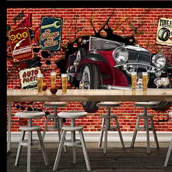 Бесплатная доставка на заказ 3D ретро граффити автомобиль кирпич фоне стены кафе развлечения Ресторан комнате обои мультфильм автомобиля
