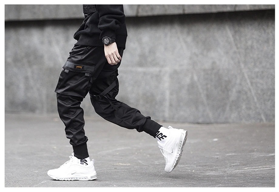 Хип-хоп черные брюки-Карандаш мужские брюки карго уличная Мужская шаровары с карманами джоггеры весенние модные мужские брюки с лентой