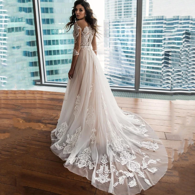 LORIE-Lace-Wedding-Dress-3-4-Long-Sleeves-2019-Vestidos-de-novia-V-Neck-Lace-Sexy (1)