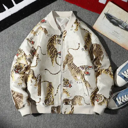 Beige white tiger Китайский стиль, Роскошные куртки с вышивкой тигра попугая Журавля, мужские весенние и осенние новые свободные бейсбольные куртки, повседневные пальто - Цвет: Beige white tiger