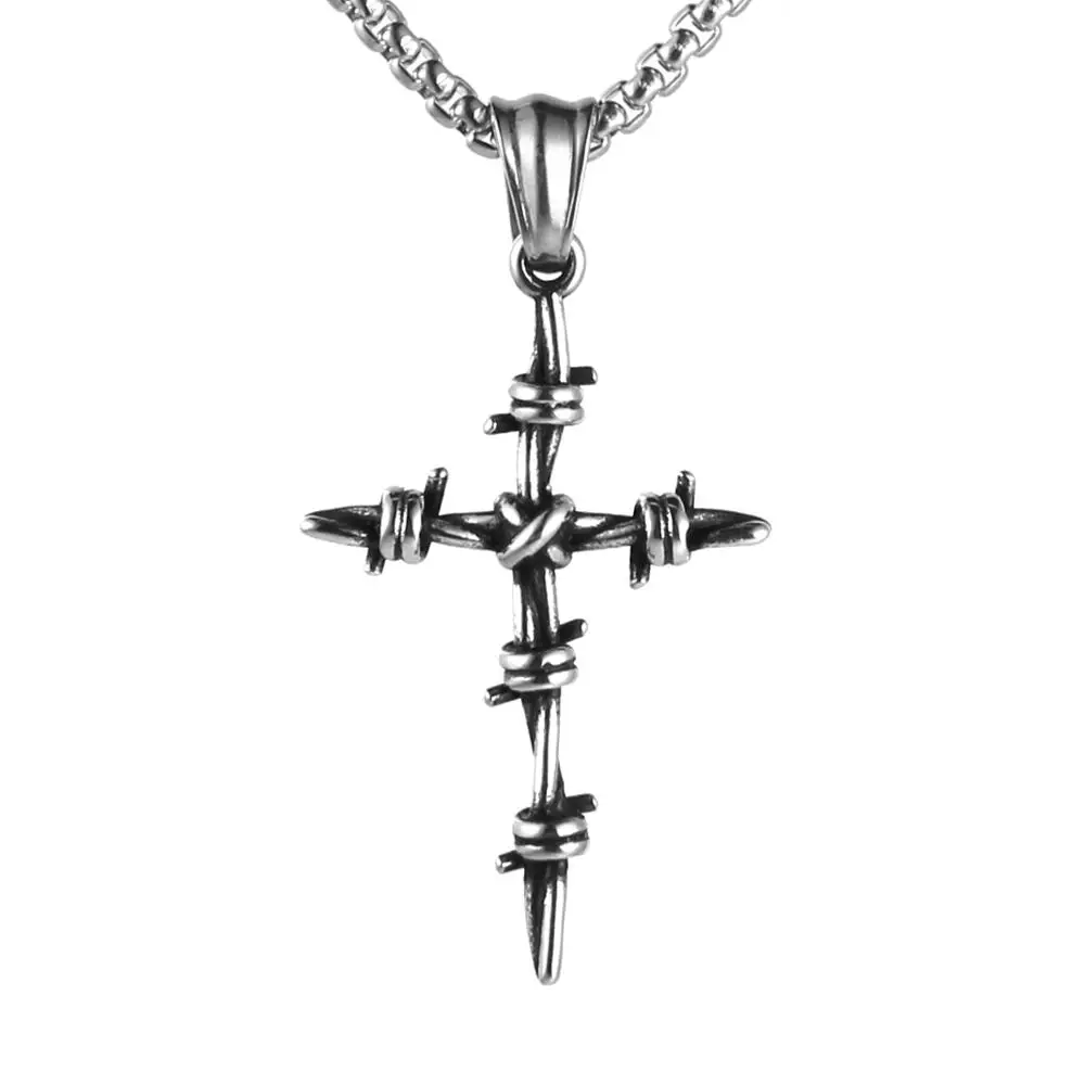 

HZMAN Men's Vintage Silver Nail Cross Punk Gothic Stainless Steel Barbed Wire Pendant Necklacee 22+2 Inch