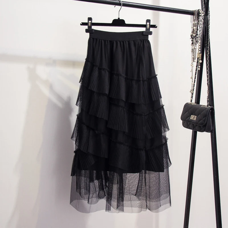Весенняя Новая модная тонкая сетчатая Комбинированная юбка с оборками, эластичная талия, элегантная женская юбка средней длины yy464