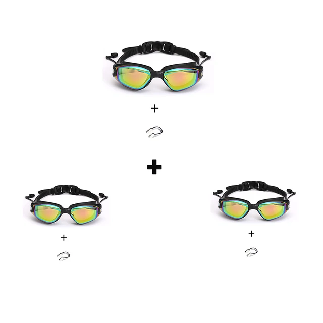 3 PCS  Professional Swimming Goggles Set Earplugs Waterproof Glasses Electroplate Anti-Fog Anti-UV Pull Buckle Adult Silicone black