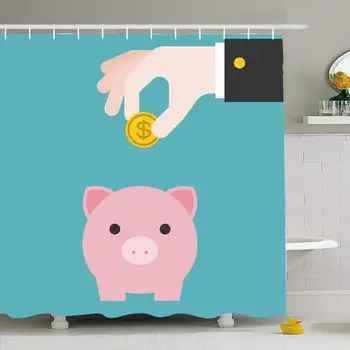 

Shower Curtain Set with Hooks 66x72 Cash Invest Piggy Economy Bank Banking Happy Flat Business Finance Financial Rich Coin