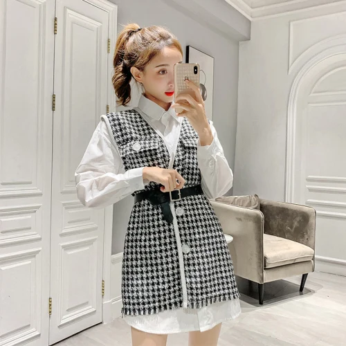 

Vintage 2019 Loose A-line 2 Pcs Set Casual Brief Plaid Fashion Two Piece Set Korean Single Breasted Women's Sets