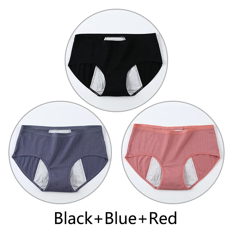 Black Blue Red 3 шт. 2XL-4XL размера плюс женские трусики менструального периода нижнее белье трехслойные герметичные физиологические трусы Хлопок Дышащие - Цвет: Black Blue Red