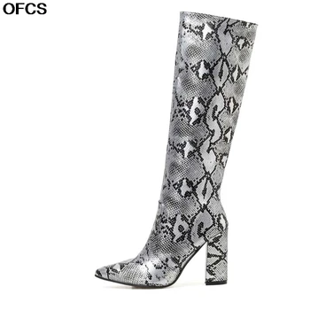 

2020 Sexy Fashion Snakeskin Boots Women New High Heel Thigh High Boots Lady Thick Heel Pointed Toe Zip Boots Shoes Woman Shoes