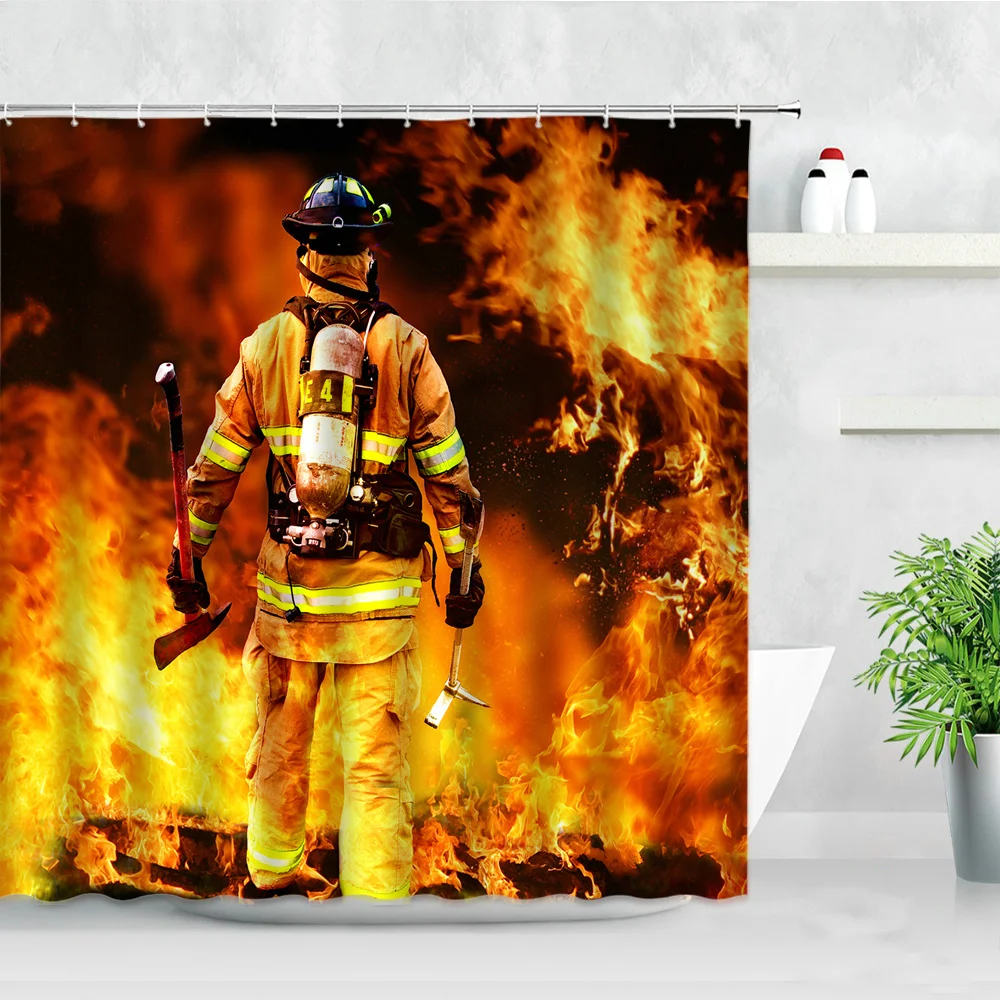 

3D Firefighter Fire Fighting Pattern Shower Curtains Waterproof Sports Red Fire Truck Fabric Hooks Screen Bathroom Decor Curtain