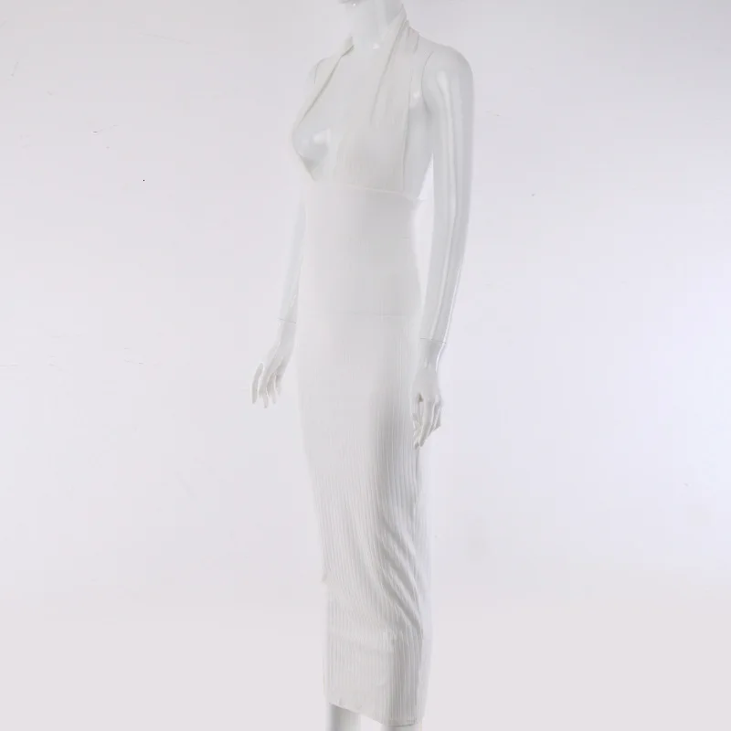 COSYGAL белый Вязание Bodycon платья Для женщин глубокий v-образный вырез длинное платье с низким вырезом на спине, летнее платье карандаш Vestidos