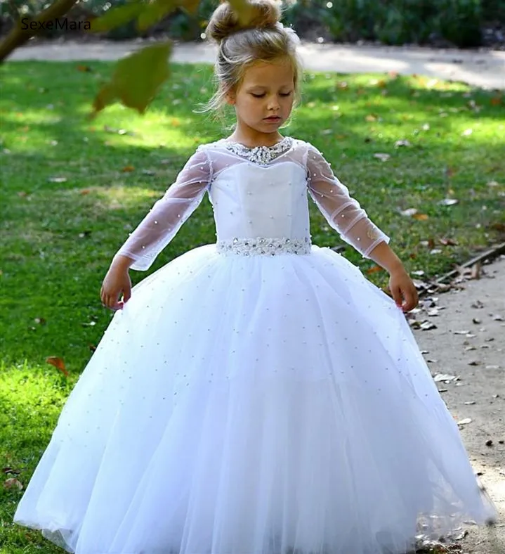 

White long Sleeve First Communion Dress Puffy Tulle Pearls Flower Girl Dress Children Party Gown for Wedding