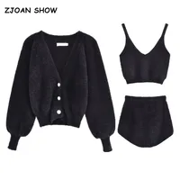 2021 Vintage Shaggy Korea Style Black Cardigan Furry Single-breasted Button Tank Top Knitted Sweater Jumper 1 Set