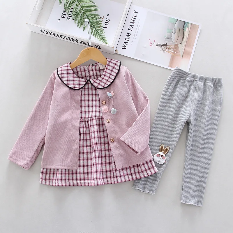 

2020 New Style Childrenswear Infants Virgin Baby Spring And Autumn Fashion Plaid Skirt Long Sleeve Base Cardigan Three-piece Set