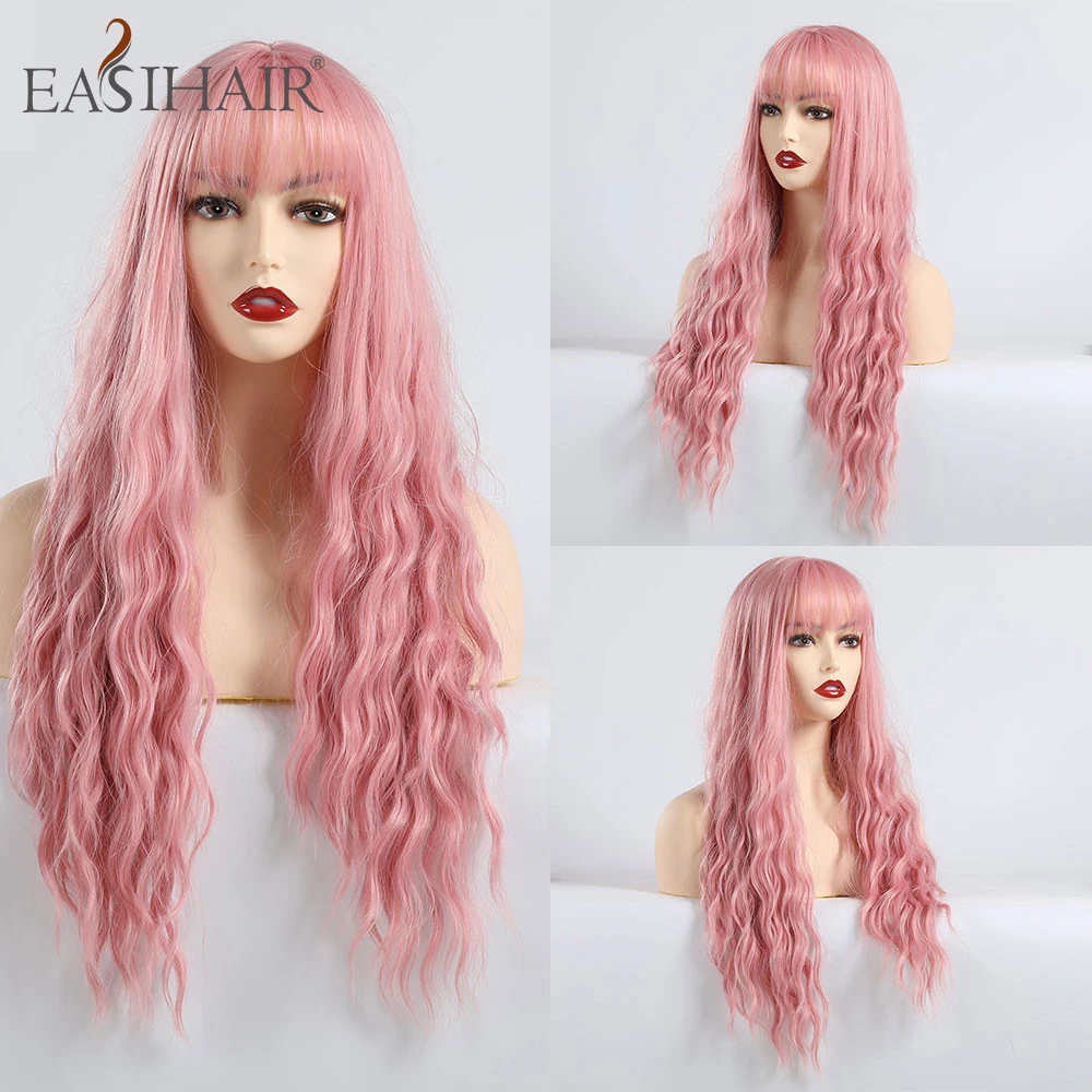 EASIHAIR Long Wave Dark Brown Synthetic Wigs for Women Cosplay Wigs With Bangs Heat Resistant Pink Wigs High Temperature Fiber