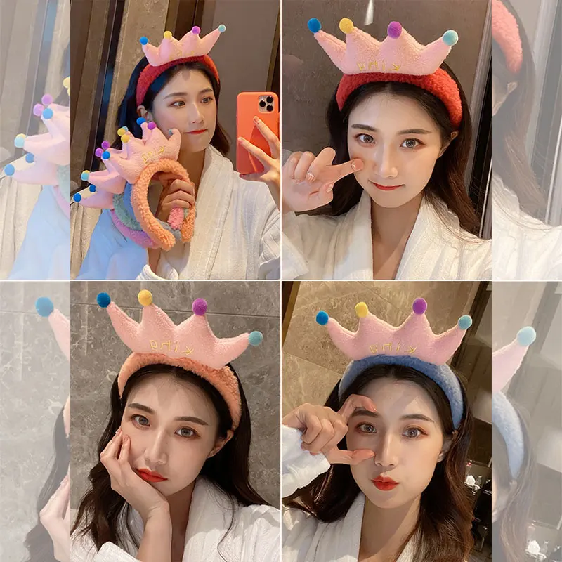 

Cartoon Crown Fluffy Hair Hoop Blue Pink Gray Orange Yellow Green Fashion Headbands Headwear For Women