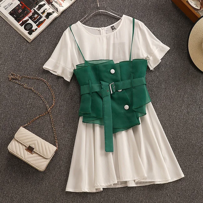 

2019 Casual Popular Women Loose Twinset Spaghetti Strap Top and O-neck Short Sleeve Dress