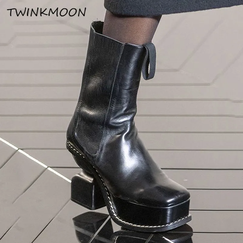 Strange Heel Platform Boots Women's Genuine Leather Shoes Black Runway Design Ankle Boots Ladies botas mujer