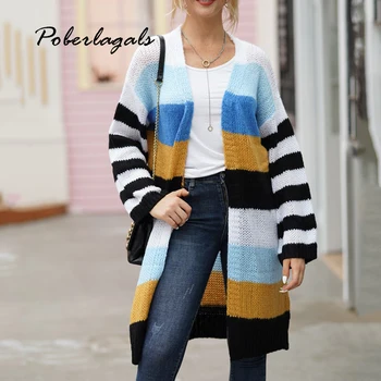 

Autumn sweater women winter Rainbow Contrast Striped long cardigan 2019 Knitted sweaters female cardigan womens clothing pull