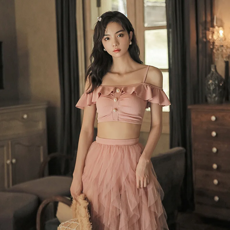 

New Style Beach Sexy Suit Skirt-Holiday Small Bust Gathering Bikini Three-piece Set Bathing Suit