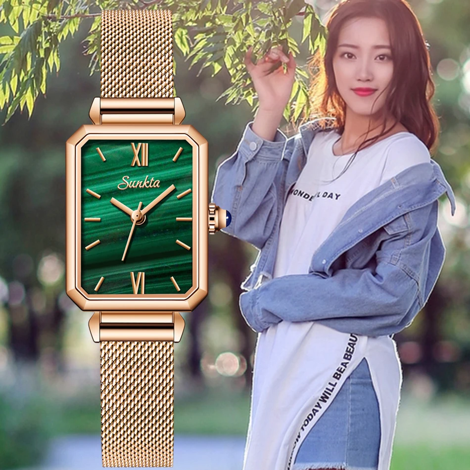 

SUNKTA new romantic women's watch peacock green dial fashion style Japanese quartz movement mesh belt Montre Femme Reloj Mujer