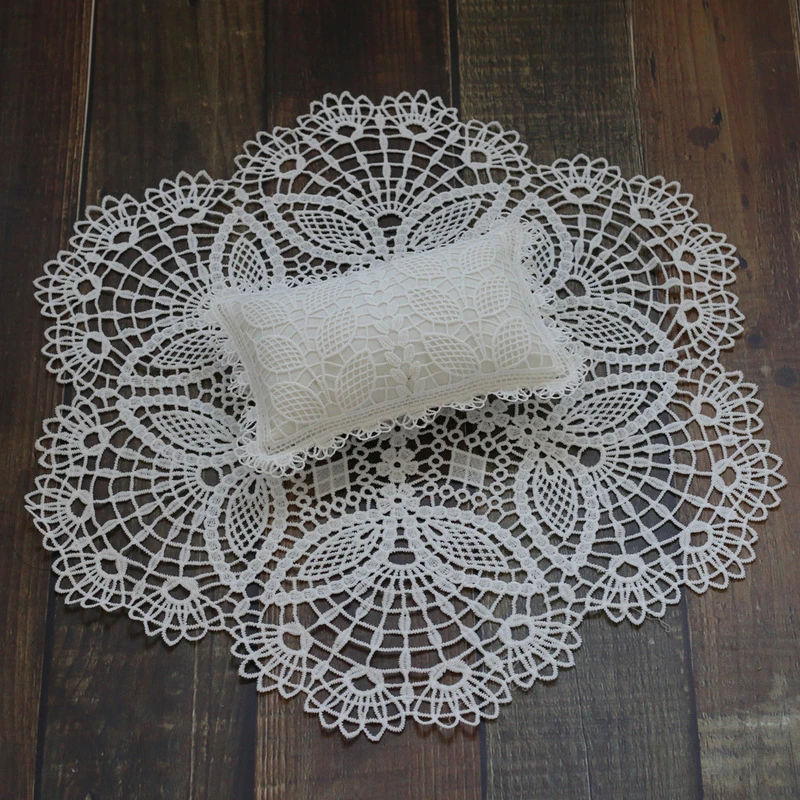 Newborn Baby Photography Props Round Lace Blanket Pillow 2pcs Set Inelastic Embroidery Lace Pads Retro Tablecloth Photo Backdrop 5