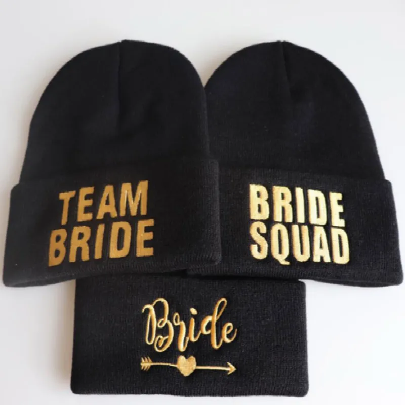 

Wedding Party Knitted Skullies Beanie Embroidered Gold Letter Bride Tribe Winter Hat Cap Team Bride Squad Skullcap Knit Bonnet
