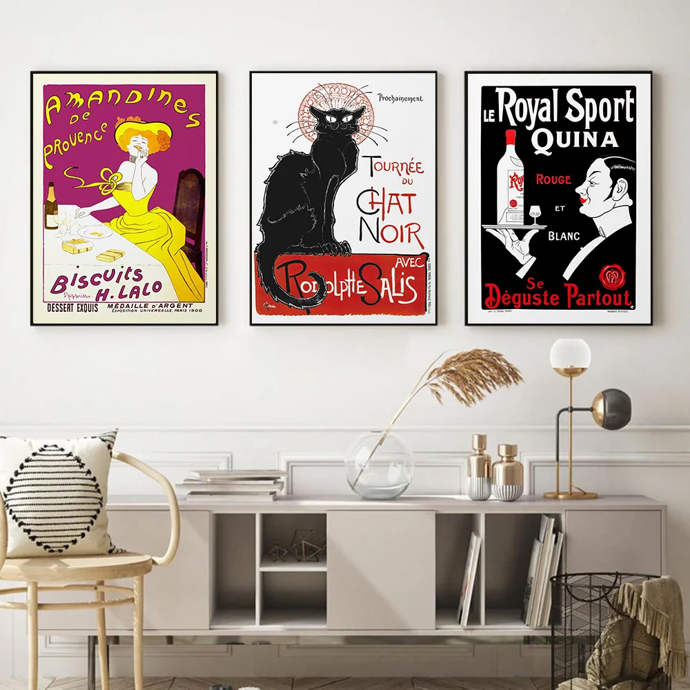 Vintage Anzeige Wand Kunstdruck Französisch Chat Schwarz Katze Poster Amandines Le Royal Wein Cafe Küche Leinwand Malerei Wand Bilder