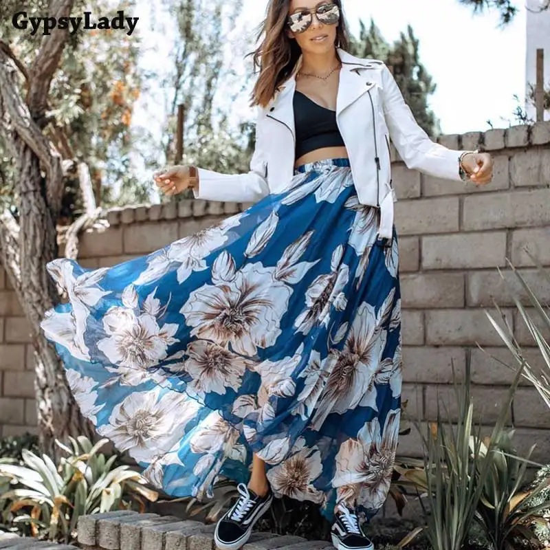Женская Макси юбка с цветочным принтом GypsyLady синяя длинная эластичная размера