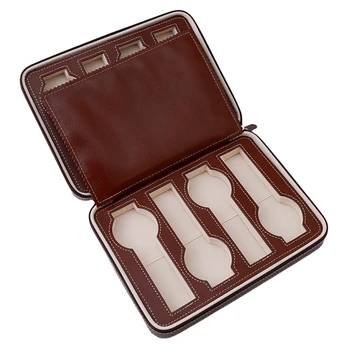 

4/8 Holes Portable Zipper Watch Bag Luxury Box For Watches Leather Watch Box Travel Watch Packing Coffee Color