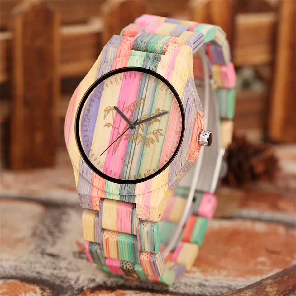 REDFIRE Carving Bamboo Tree Colorful Wood Watch Fashion New Couple Natural Wooden Clock Unique Lovers Wristwatch 4