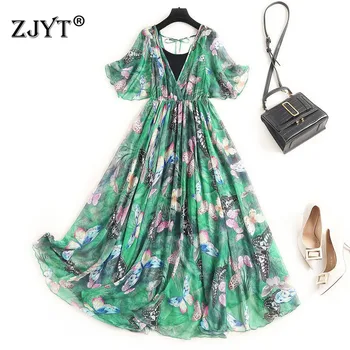 

2020 New Fashion Summer Bohemian Dress Women Elegant Short Sleeve Butterfly Print Mid Calf Aline Casual Beach Chiffon Dress