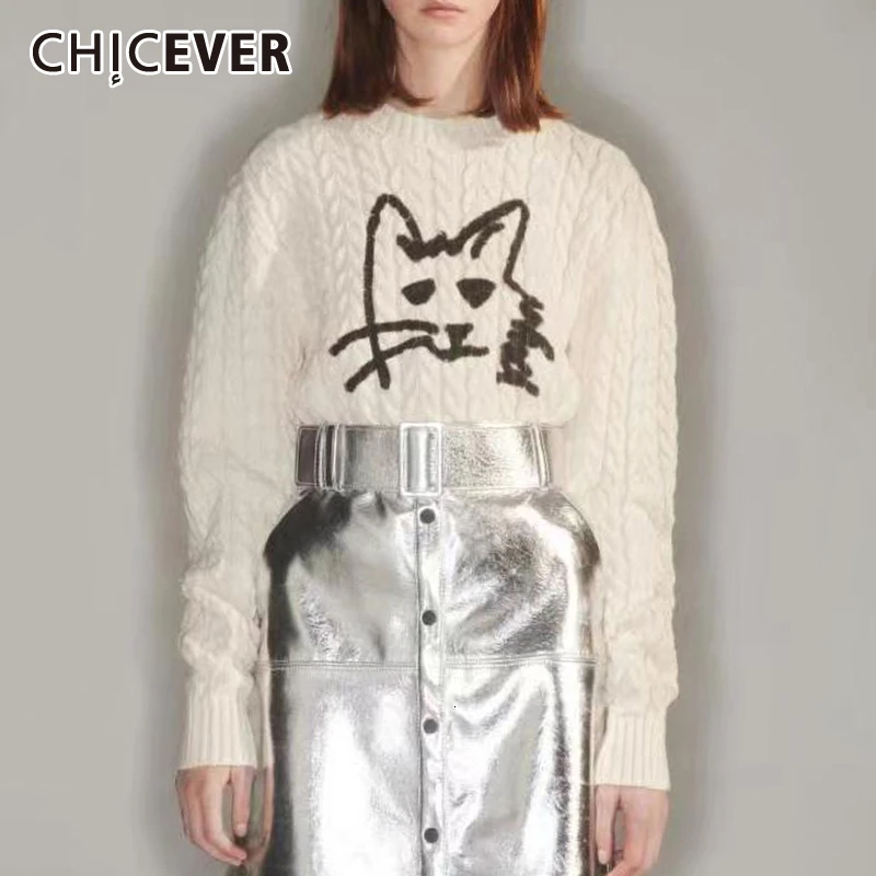 CHICEVER вязаный осенний свитер с принтом кота для женщин круглый вырез длинный