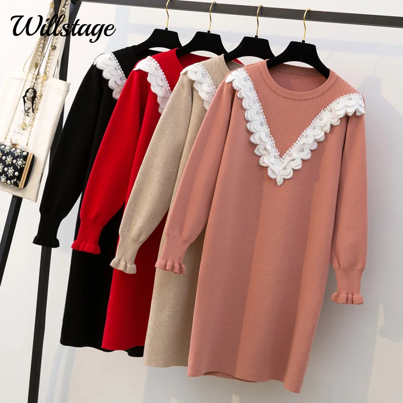 Willstage 4XL размера плюс вязаное платье-свитер женское платье с оборками и длинным
