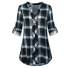 ROSEGAL размера плюс клетчатая блузка с рукавом с v-образным вырезом и длинным рукавом, женские повседневные рубашки на пуговицах, топы, офисная одежда