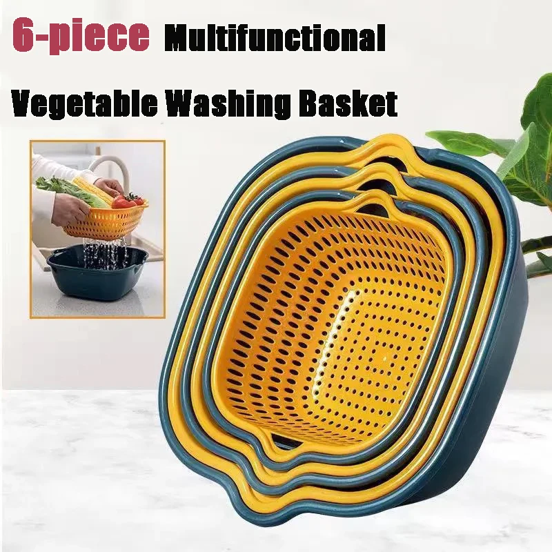 

6-Piece Kitchen Multifunctional Drain Basket For Cleaning,Draining and Storing Fruits and Vegetables Easy to Place Safe Material