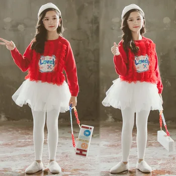 

New Children Dress Autumn Winter Fashion Knitwear Clothing Set Red Sweater and Solid White Leggings Cotton Princess Skirt Sets