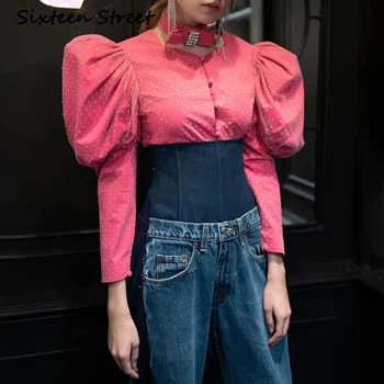 

New Spring Woman blouse & shirt polka dot puff sleeve vintage runway fashion shirts female pink tops with bow