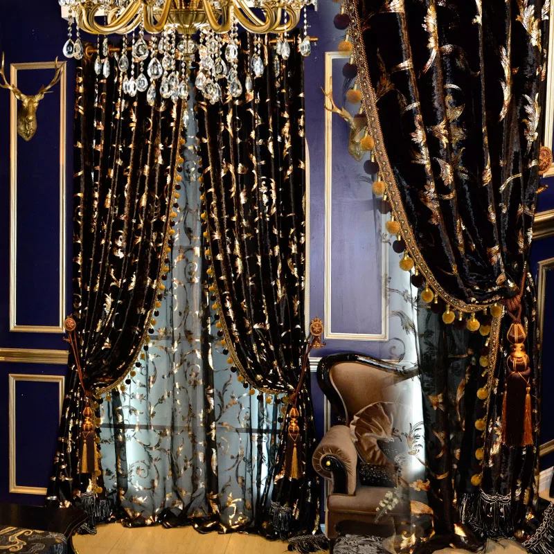 Custom Curtain Black Gold European American High Quality Luxurious Velvet Bronzing Cloth Blackout Valance | Дом и сад