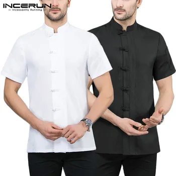 

INCERUN Men Chef Jackets Short Sleeve Food Services Solid 2020 Kitchen Restaurant Unisex Chef Uniform Chinese Style Cotton Tops