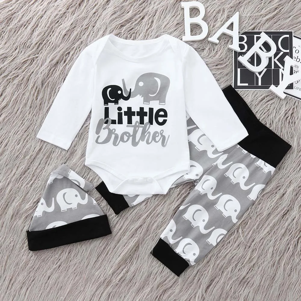 

Spring Infant Baby Clothes Outfit Baby Boy Letter Printed Romper Tops Cartoon Pants Hat Set Kids Little Brother Suits #BL5