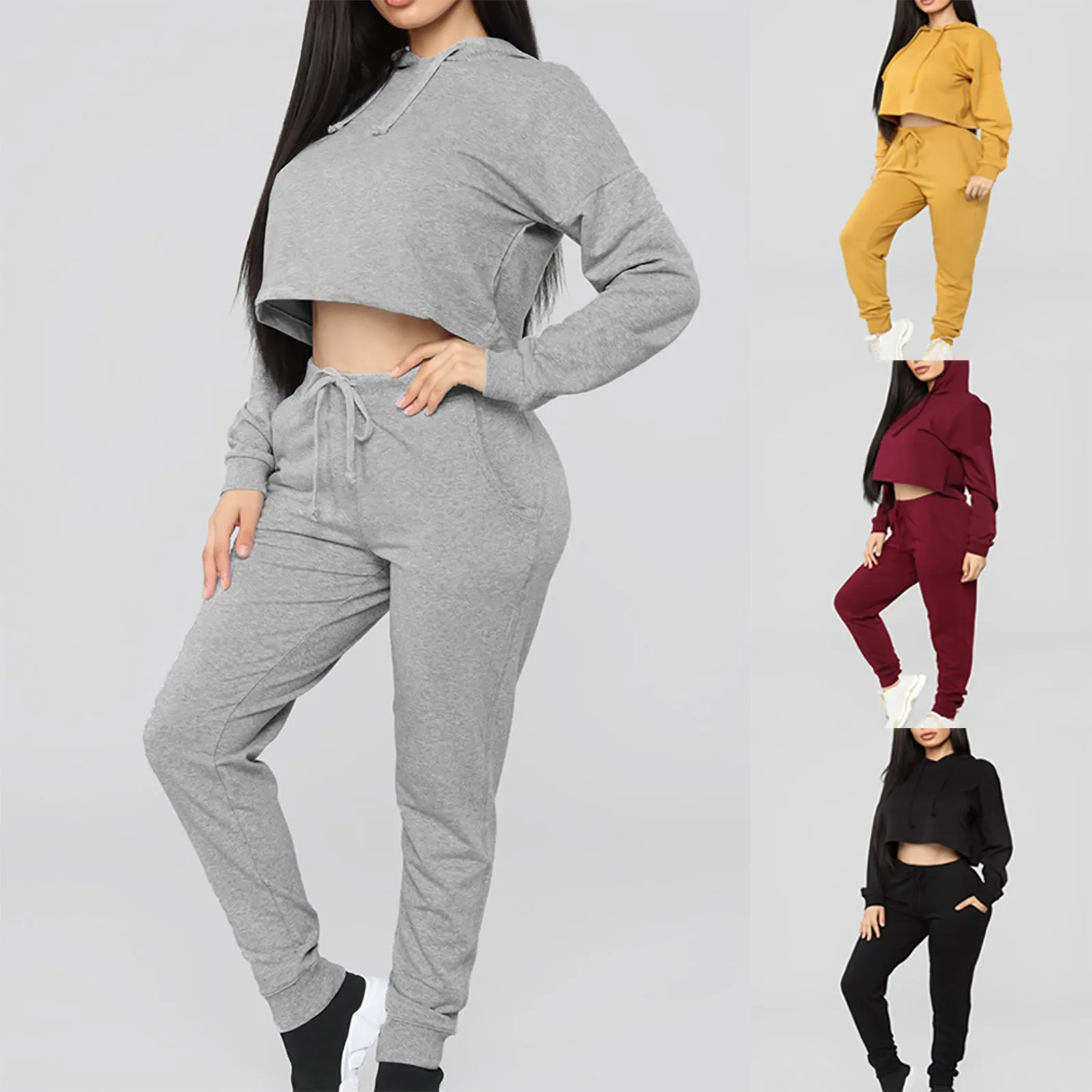 Women's Solid Color Hooded Sportswear Set Casual Homewear Suit Long Sleeve Short Pullover Tops Pants Sports Clothing Tracksuit |