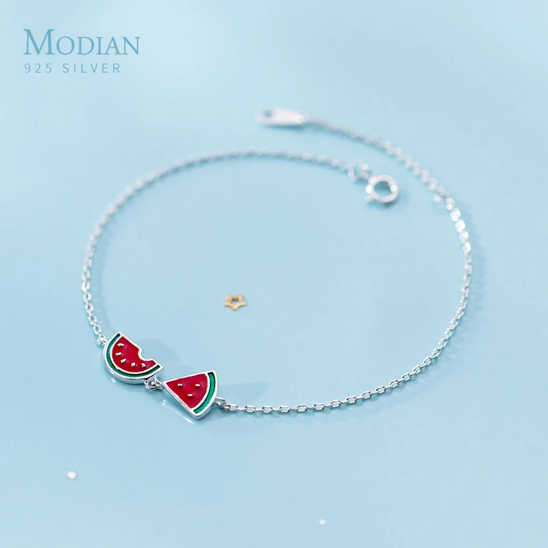 

Modian New 925 Sterling Silver Enamel Lovely Fruit Watermelon Asymmetry Bracelet for Women Link Chain Fine Jewelry Accessories