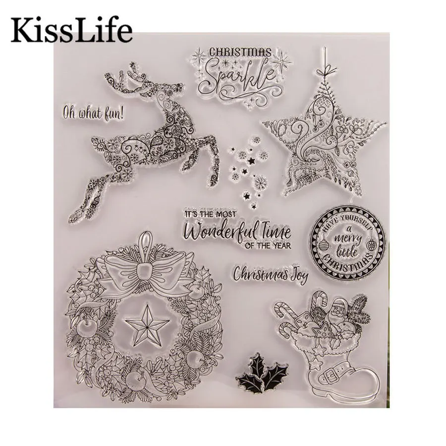 

2019 Star Christmas Deer Boots Sticks Flower Wreath Letters Clear Rubber Stamps for Scrapbooking Card Making Christmas Stamps