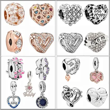 

New Fit Original Brand Charms Bracelets DIY Women Silver Color Beads Jewelry Accessories Heart Shaped Flowers Mom Pendant Gift