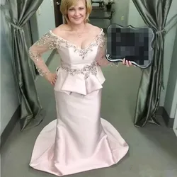 vestido de madrinha Elegant Mother Of The Bride Dresses Deep V Neck Long Sleeves Mermaid Evening gown Satin Beads Sequins Plus